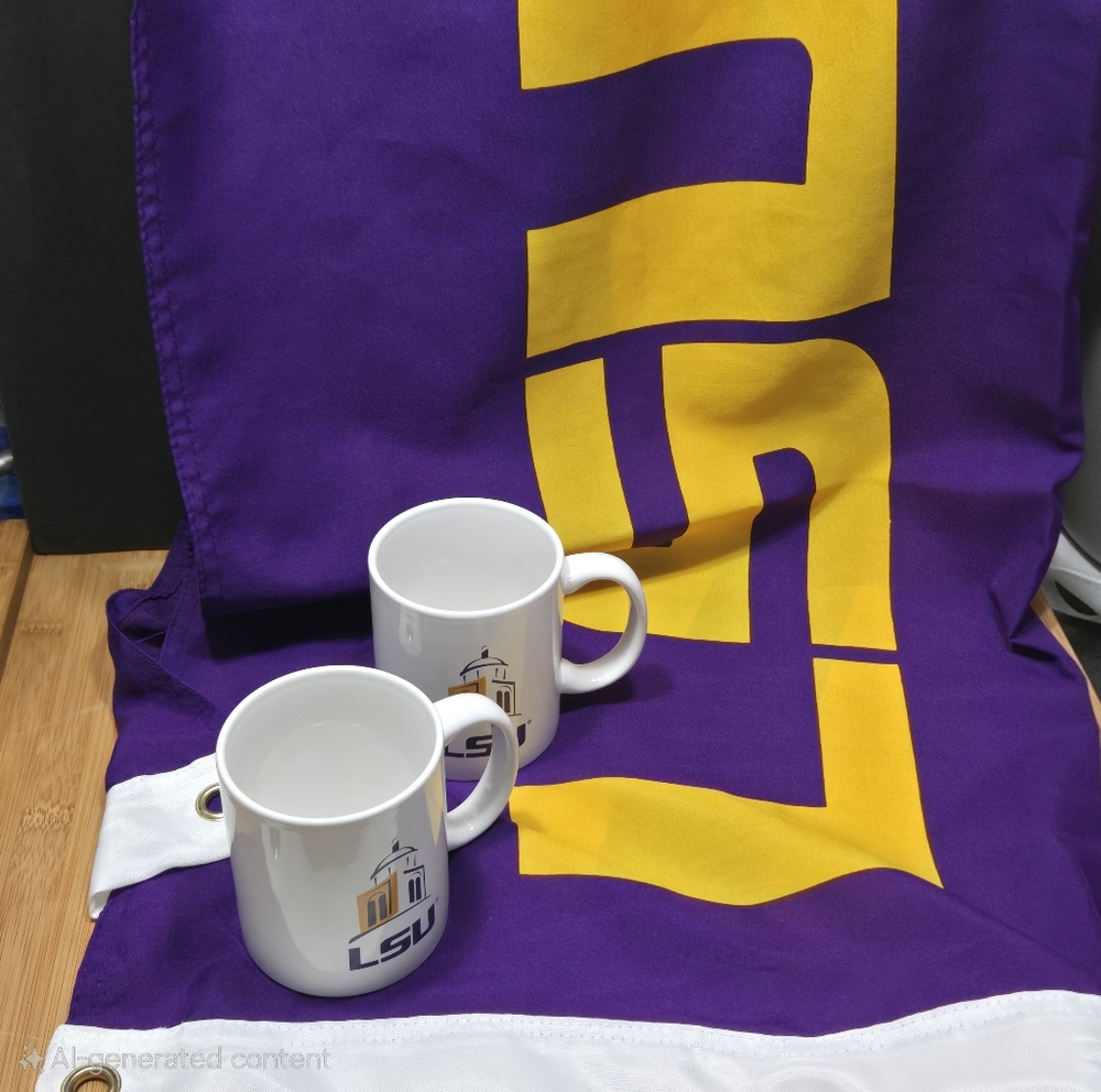 Louisiana LSU TIGERS flag purple gold w/ grommets BONUS 2 piece LSU Coffee Mugs